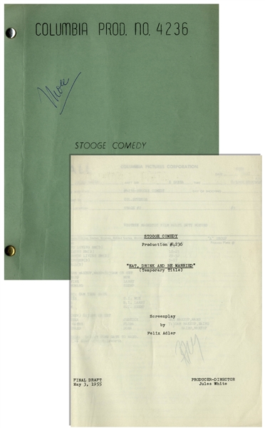 Moe Howard's 10pp. Script Dated May 1955 for The Three Stooges Film ''Husbands Beware'', Working Title ''Eat, Drink and Be Married'' -- Signed by Moe on Cover & With Call Sheet -- Very Good Plus